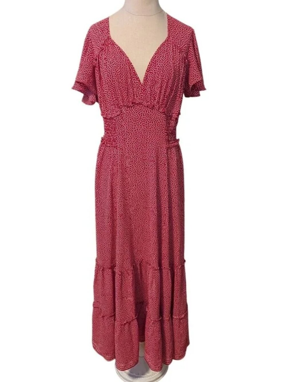 Max Studio Red Polka Dot Smocked Empire Waist Maxi Dress Peasant Tiered Coquette